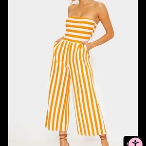 PrettyLittleThing Orange Striped Strapless Jumpsuit